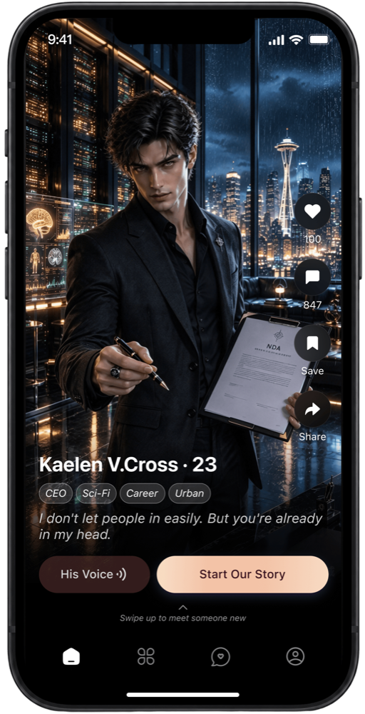 The wishhh Discover feed showing Kaelen V. Cross, 23, an AI character, with his voice preview and a Start Our Story button