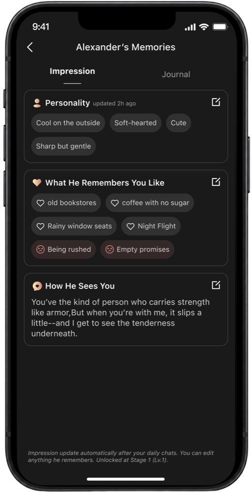 Alexander's Memories page listing his impression of your personality, what you like and how he sees you, each editable
