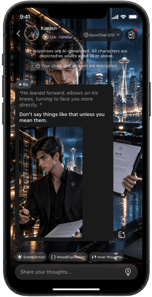 A chat reply from Kaelen with a generated image of the scene and a voice playback button